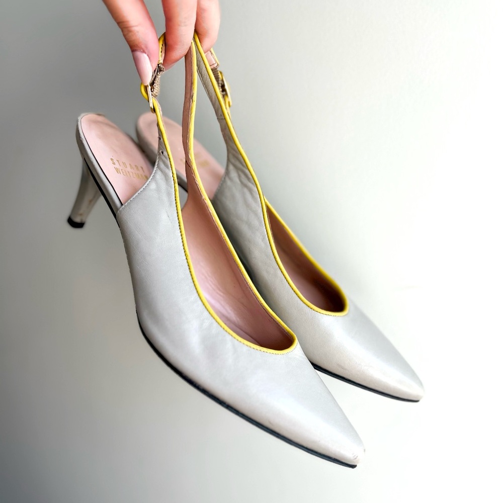 Stuart Weitzman Gray/Yellow Leather Kitten Heel Slingbacks